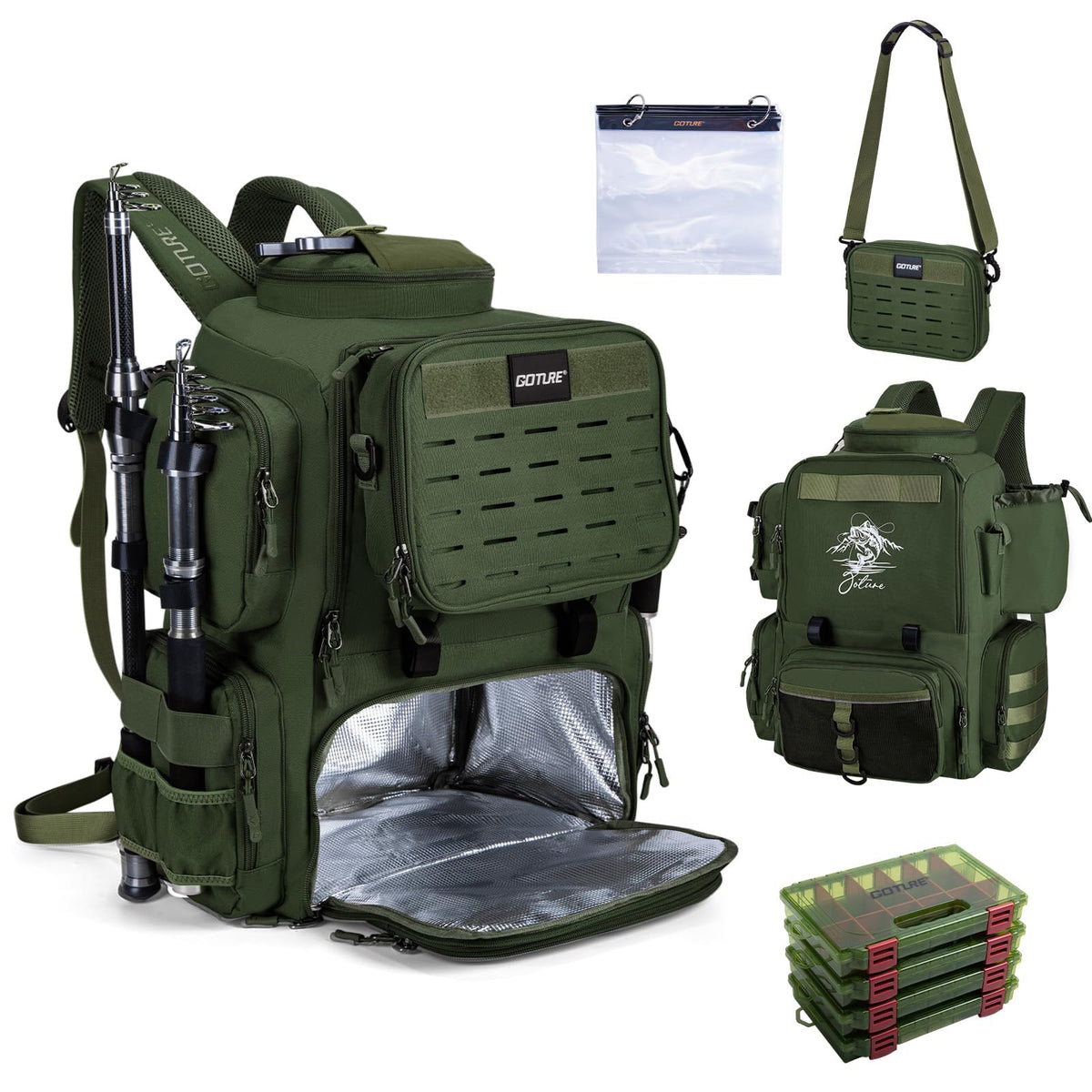 Goture Fishing Backpack with Cooler, 4 Tackle Boxes, Detachable Sling Bag