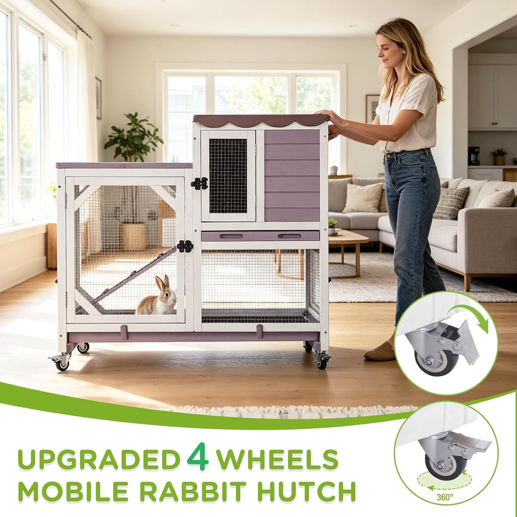 GUTINNEEN 2-Story Rabbit Hutch Indoor Bunny Cage Outdoor Guinea Pig House Wooden Small Animal Cage with Chew-Proof Ramp, Leak-Proof Tray, Lockable Wheels for 2-4 Rabbits, Guinea Pigs (Grey)