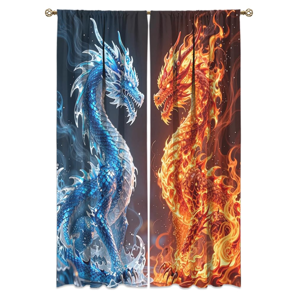 Traditional Ukiyoe Wildlife Dragon Curtains-Dreamy Ancient Japan Architecture Rod Pocket Back Tab Window Drapes,Japanese Samurai Thermal Insulated Blackout Curtain,2pcs,Each 52“W x 96”L