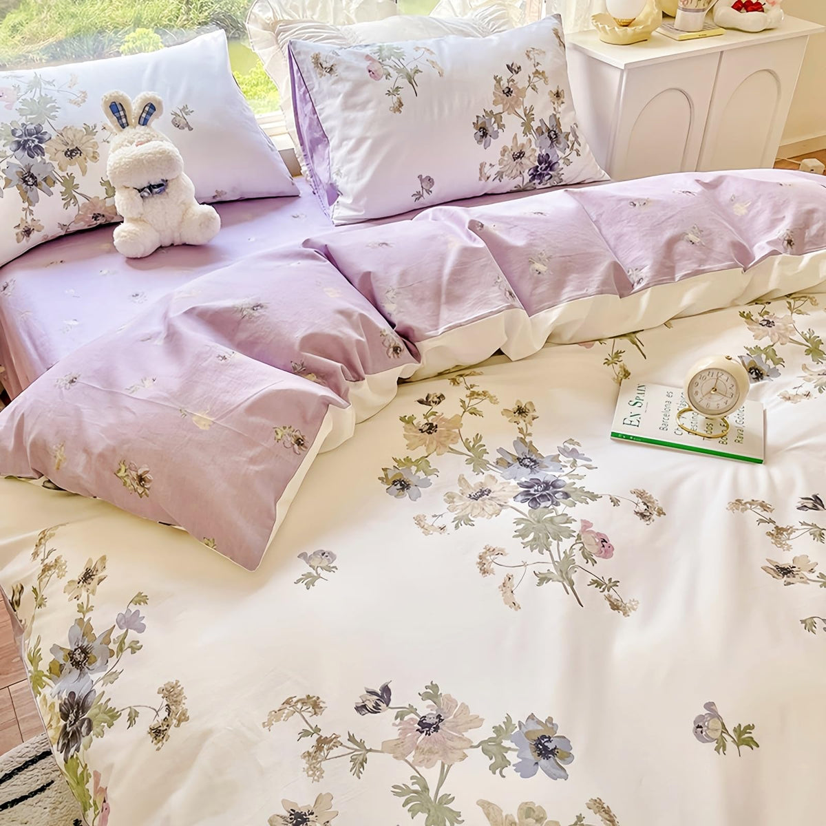 4pcs Duvet Cover Set- 100% Cotton Comfort Duvet Cover Set,Include a Duvet Cover,a Deep Pocket Fitted Sheet,2 Pillow Shams Home Bedding with Zipper Closure for All Season (Queen, Floral)