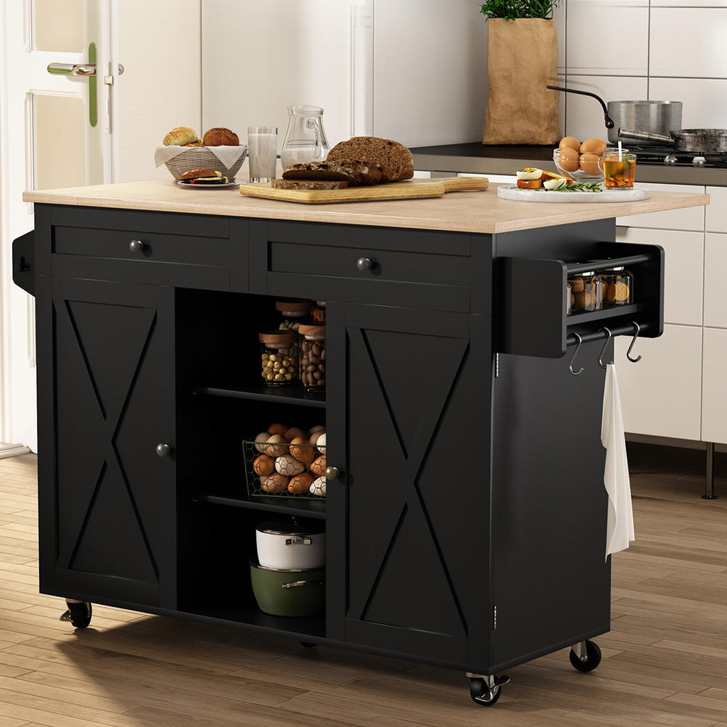 HLR Farmhouse Kitchen Island On Wheels, Teal Green