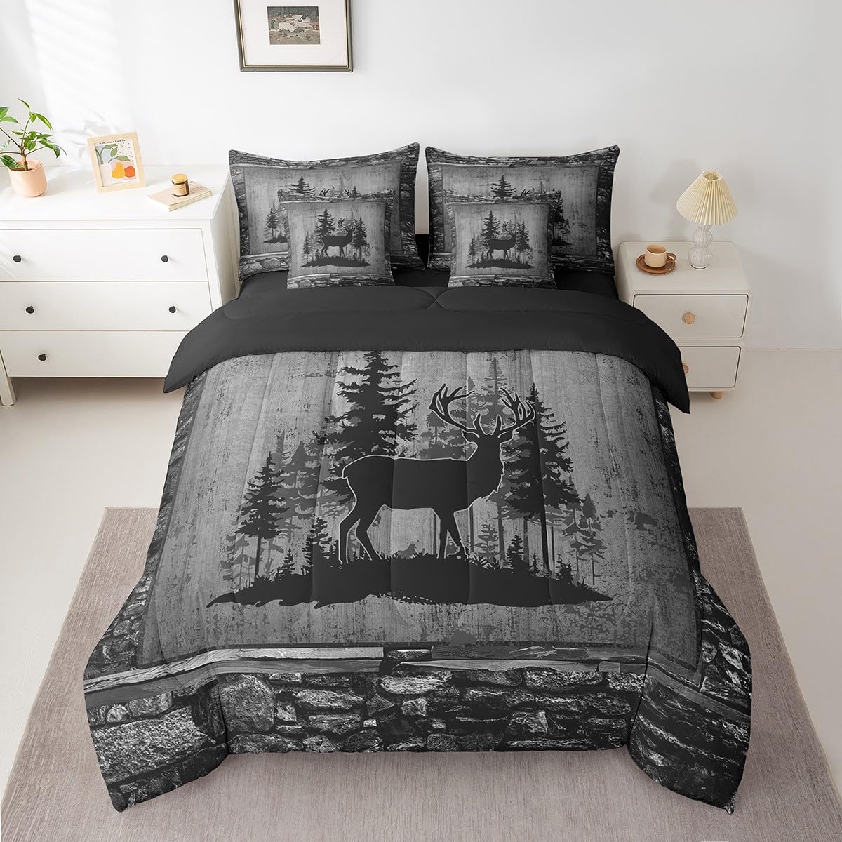 Feelyou Deer Comforter Set with Sheets King Size 7 piece Kids Rustic Deer Hunting Bedding Set Cabin Lodge Deer Bed in a Bag Farmhouse Nature Wildlife Antlers Brown Bed Set