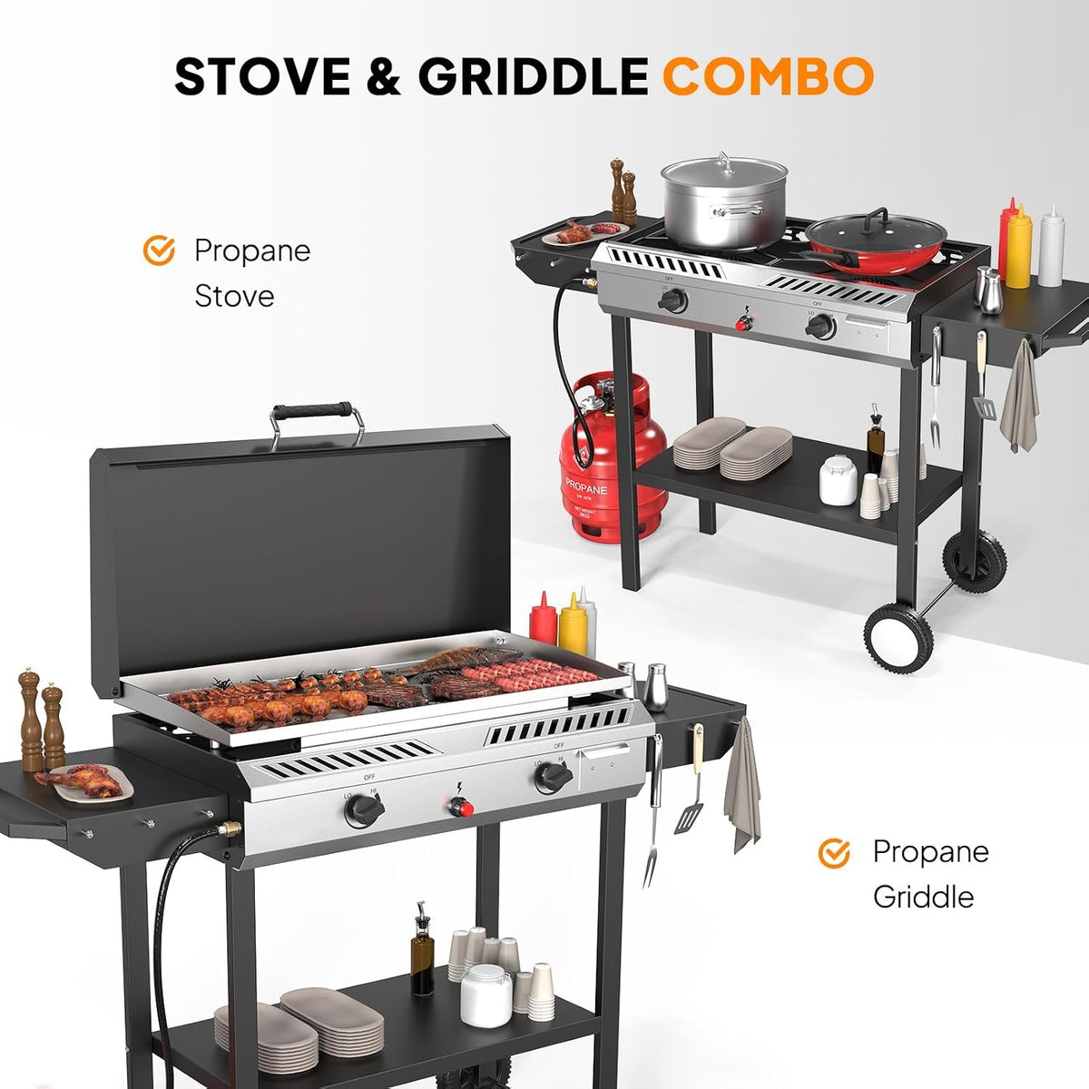 Bonnlo 2-in-1 Propane Stove and Griddle, Iginition Outdoor Gas Cooker with Storage Shelf and Portable Wheels, 2 Burner Camping Stove with 150000BTU Output for Backyard Cooking BBQ Frying and Boiling