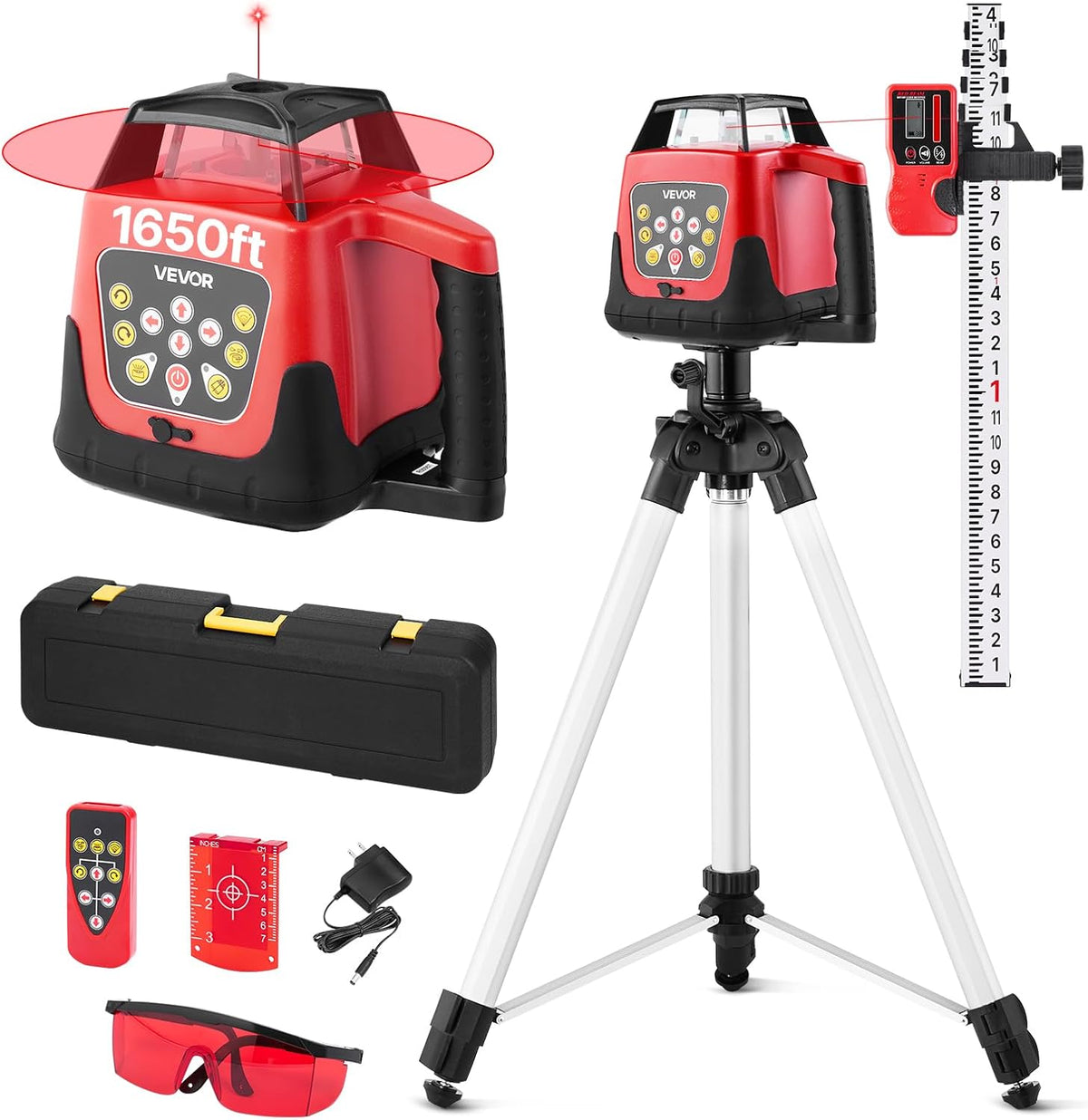 VEVOR Rotary Laser Level Kit, 1650ft 360-Degree Self Leveling Red Horizontal Laser Transit,with Tripod,Receiver,Remote Control, Scale,Toolcase, IP66 Waterproof, 0.80in/100ft Precision for Construction