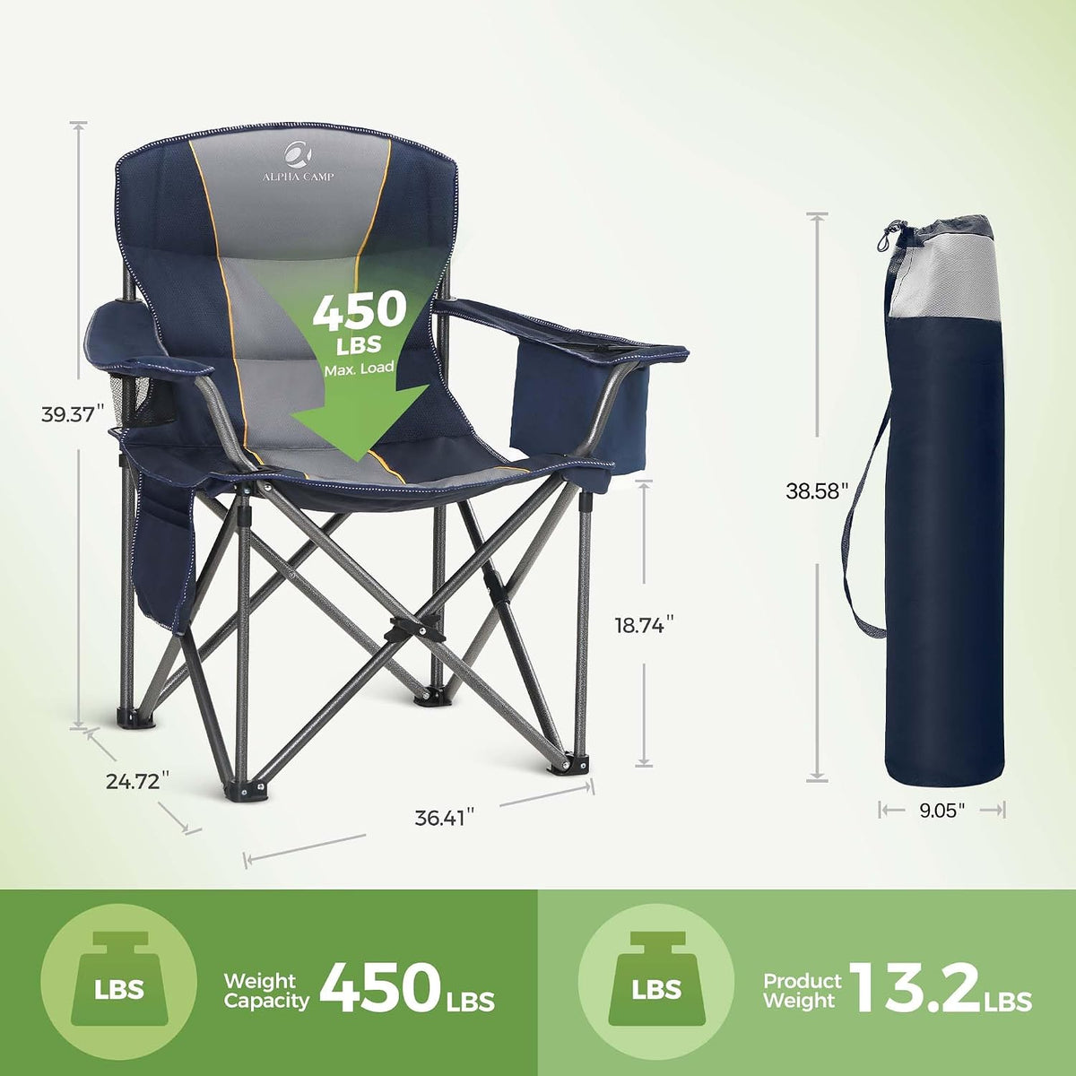 LET'S CAMP Folding Camping Chair Oversized Heavy Duty Padded Outdoor Chair