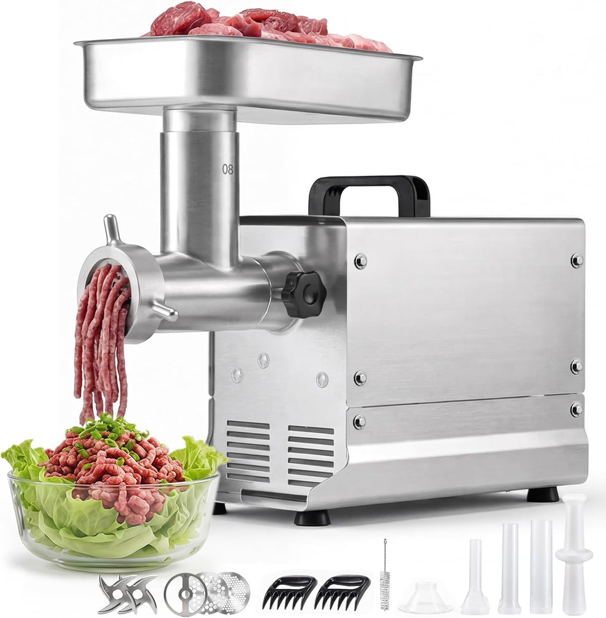 VEVOR Commercial Meat Grinder, 8 Lbs/Min Capacity, #8 Electric Meat Mincer with 3 Plates, 3 Sausage Stuffing Tubes, 350W/0.5HP Stainless Steel Sausage Maker for Home Kitchens & Restaurants, ETL Listed