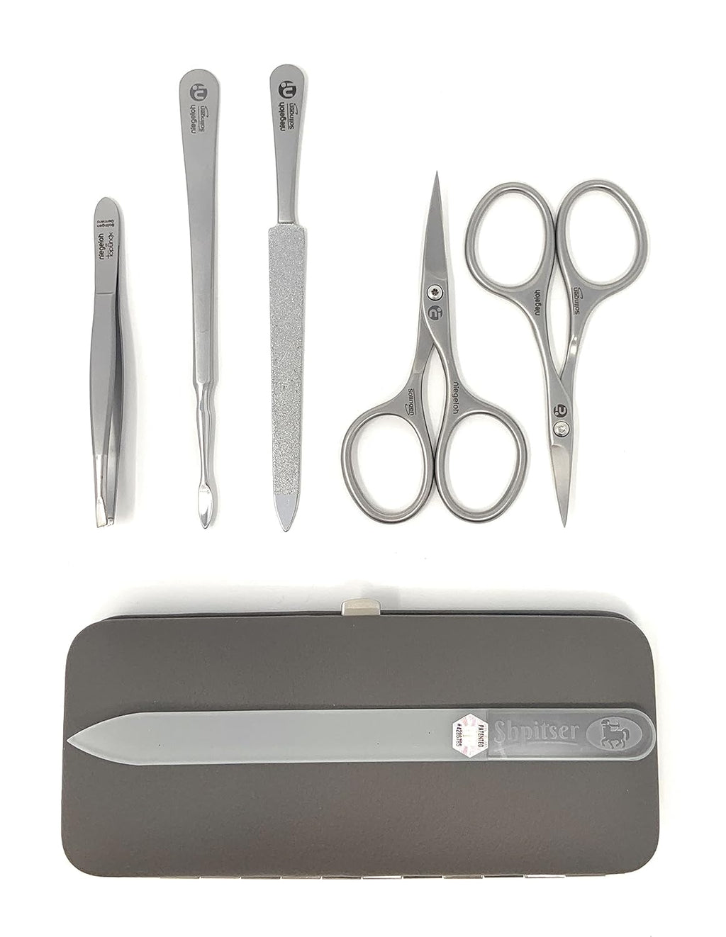 Niegeloh Solingen TopInox Surgical Stainless Steel Luxuries Manicure Set Grooming kit In Quality Nappa Leather Case Made in Germany Plus BONUS: SHPITSER Crystal Glass Nail File