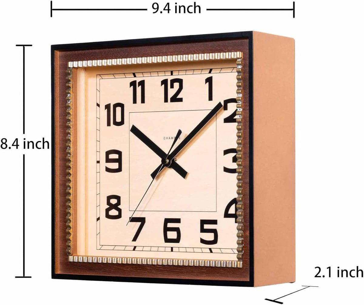Brass Clock Japanese Handcrafted Solid Wood Clock Silent Non-Ticking Battery Operated Modern Decorative for Living Room Bedroom Office Brass Rectangle Clock CH-053 (Walnut)