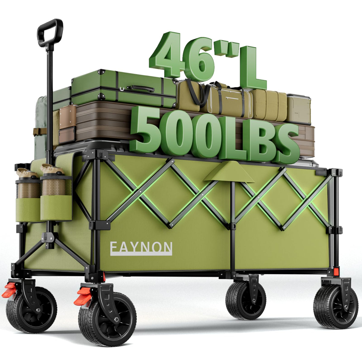 46" L Collapsible Foldable Extended Wagon, 500LB Weight Capacity with 280L Heavy Duty Folding Cart,Utility Wagon with All-Terrain Beach Wheel & Drink Holders,Black