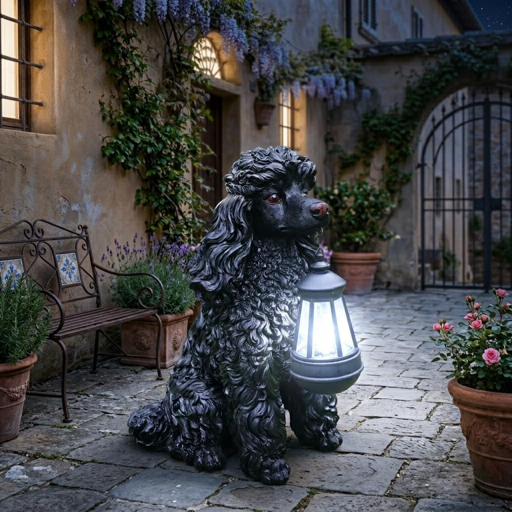 Lifelike Black and White Cocker Spaniel Garden Statue with Solar Lantern and Decorative Tag, Resin Puppy Figurine Outdoor Decor, Yard Art for Patio Lawn Porch
