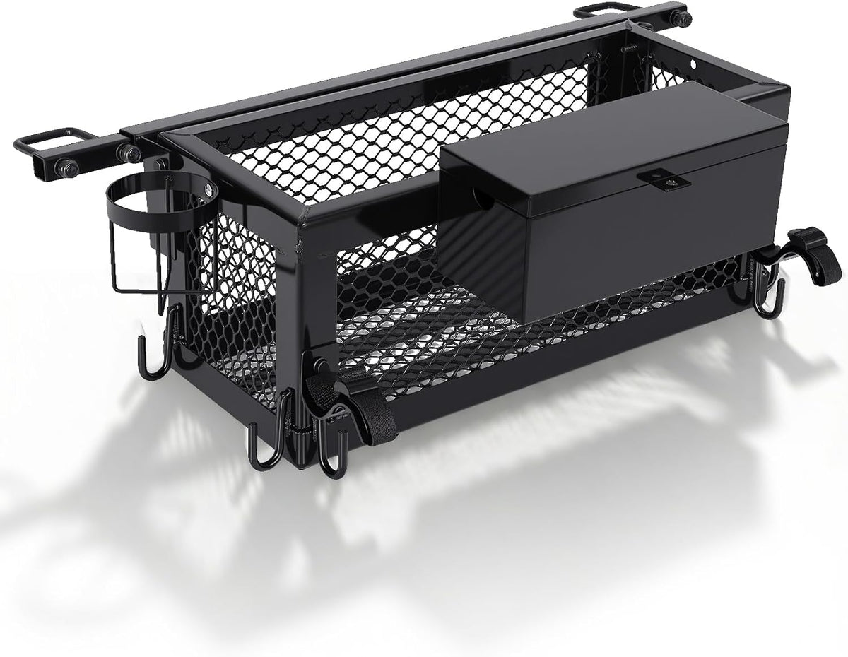 Heavy Duty Tractor Tool Box Basket Attachment – 24x10x10in Storage Box for Compact Tractors – Includes Storage Bag, Hook, Ratchet Strap – Durable Farm Equipment Accessory