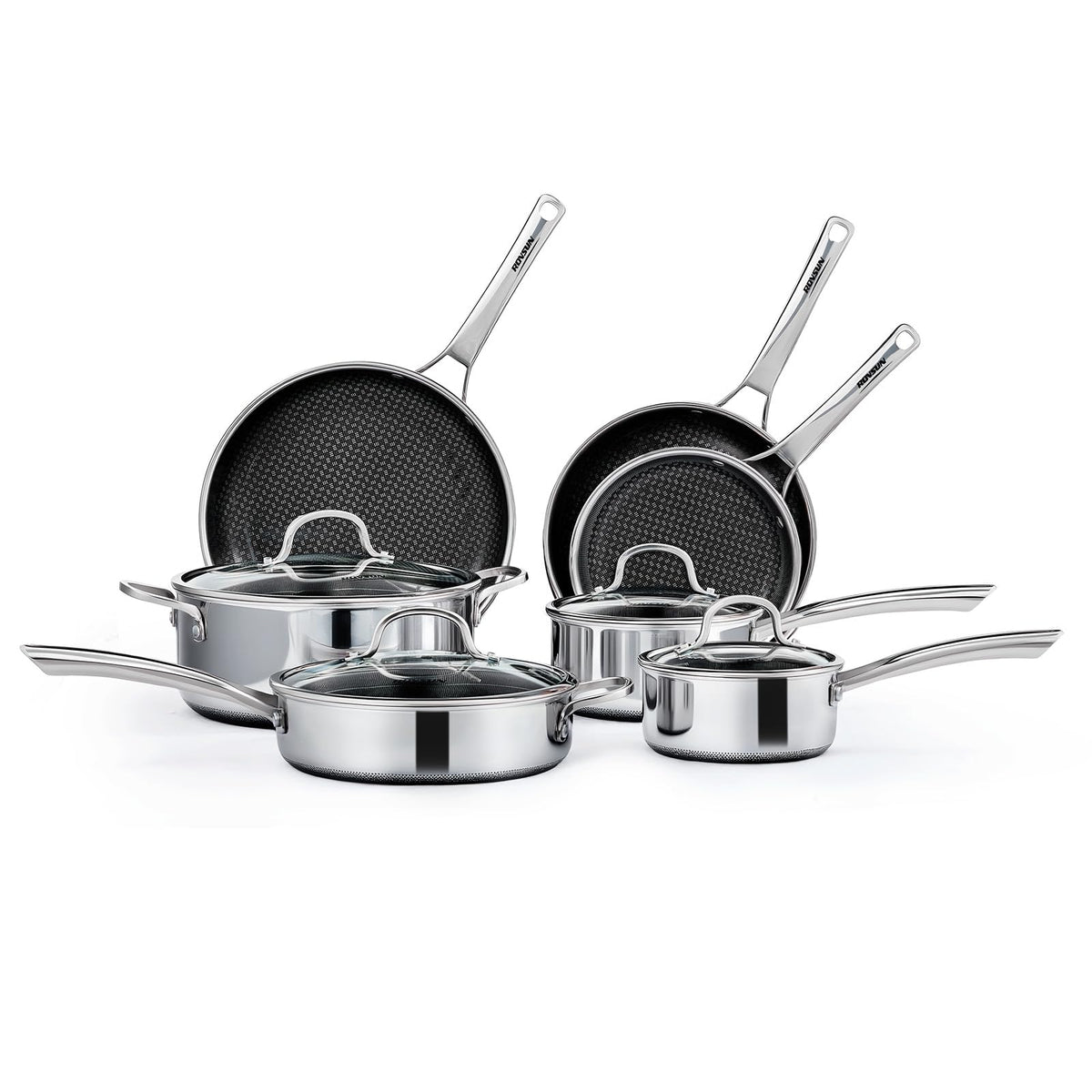 ROVSUN 10 Pcs Non-Stick Cookware Set, Stainless Steel Pots and Pans Set with Lids, Non-Toxic Kitchen Set Chef's Pan, PFOA & PTFE Free, Compatible for All Cooktops