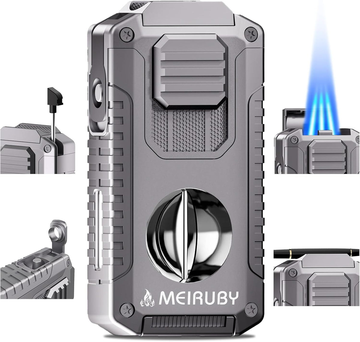 MEIRUBY 5-in-1 Butane Torch Lighter, Refillable Jet Flame Cigar Lighter with V-Cutter, Punch, Holder and Draw Tool, Multi-Functional Cigar Accessories Gift for Men, Dad, Husband, Friend & Cigar Lover