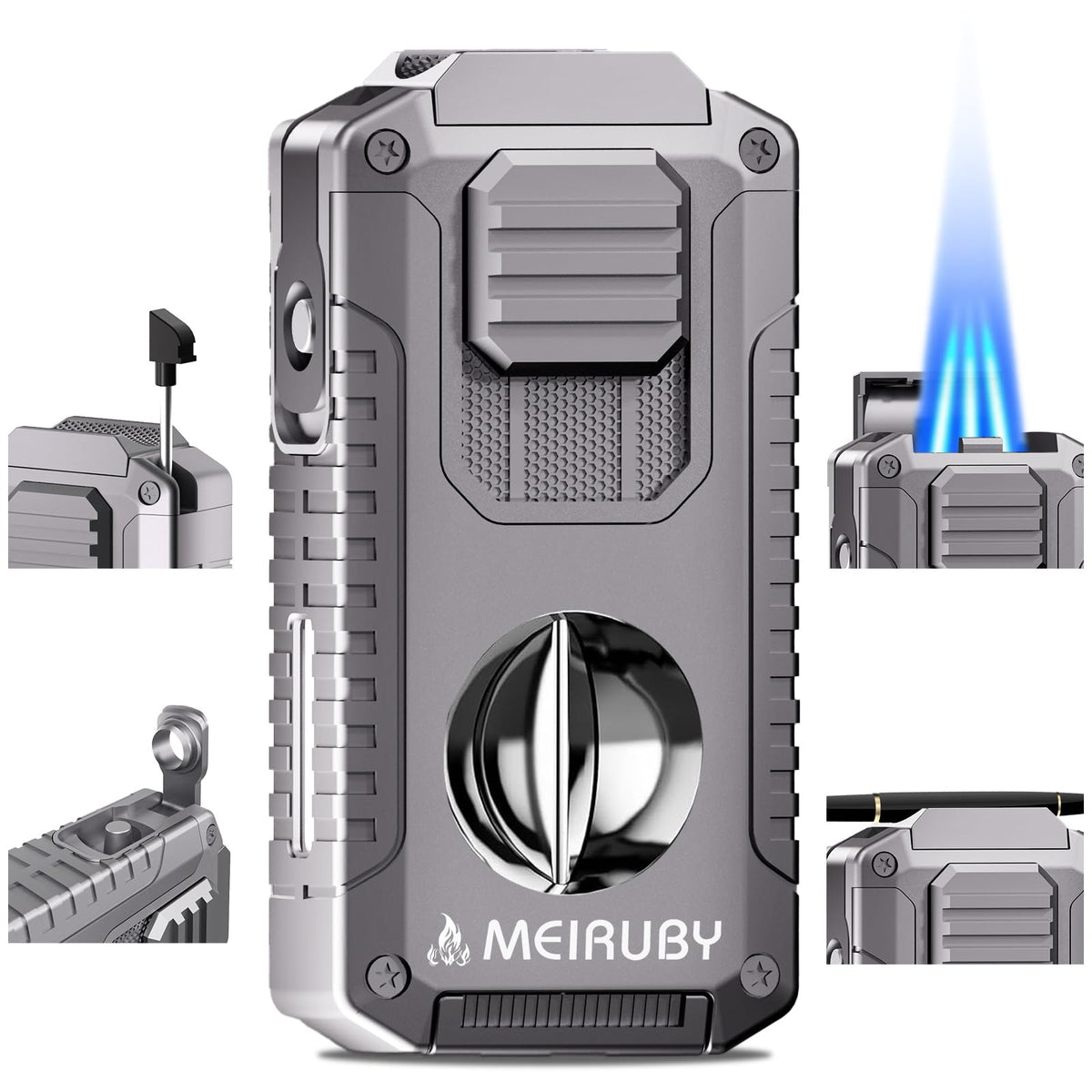 MEIRUBY 5-in-1 Butane Torch Lighter, Refillable Jet Flame Cigar Lighter with V-Cutter, Punch, Holder and Draw Tool, Multi-Functional Cigar Accessories Gift for Men, Dad, Husband, Friend & Cigar Lover