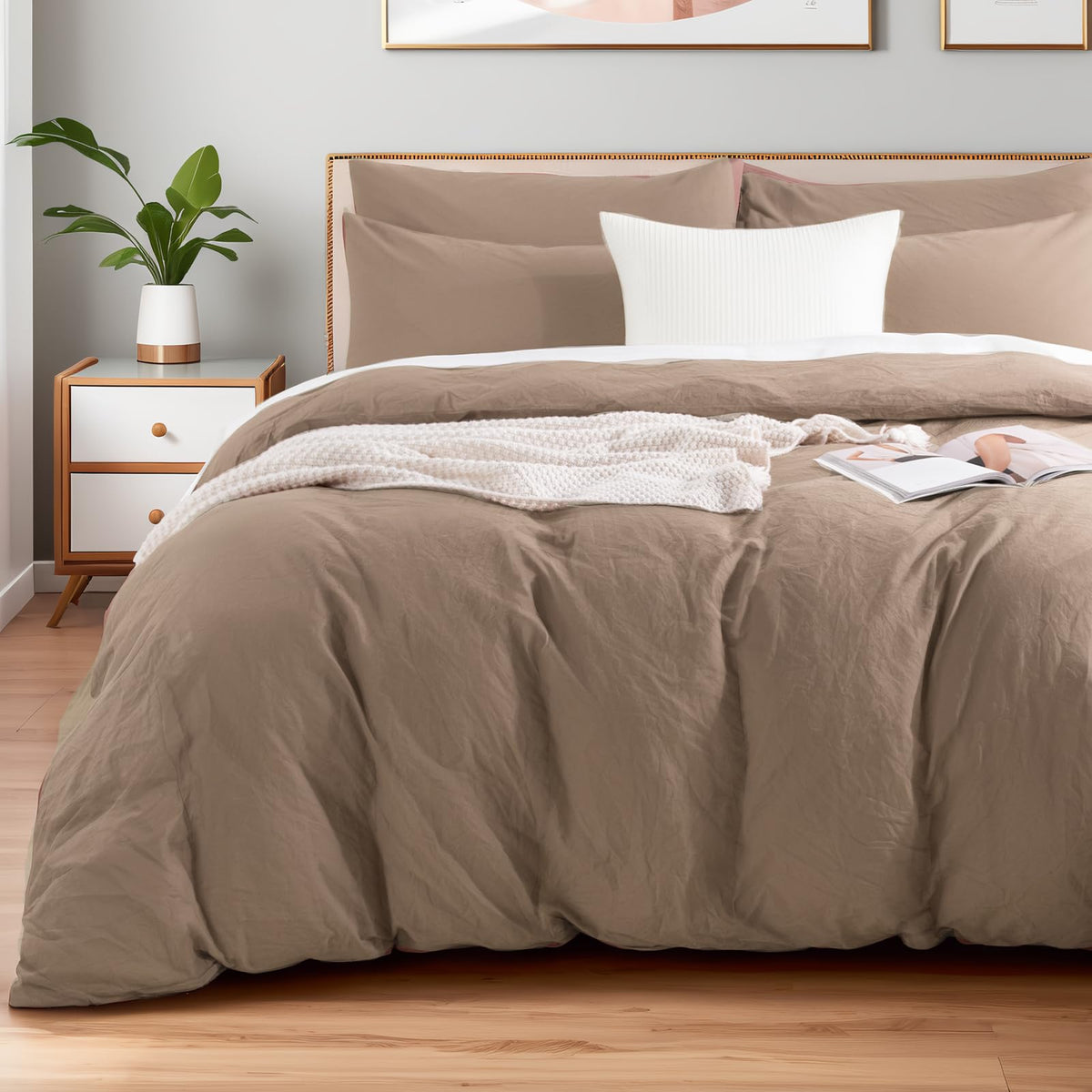 NEXHOME PRO Duvet Cover Set Queen Size Linen Look Textured 100% Washed Cotton Duvet Cover Burgundy Dark Red 3 Pieces Bedding Set with Zipper Closure,Breathable, Soft Organic Natural(No Comforter)
