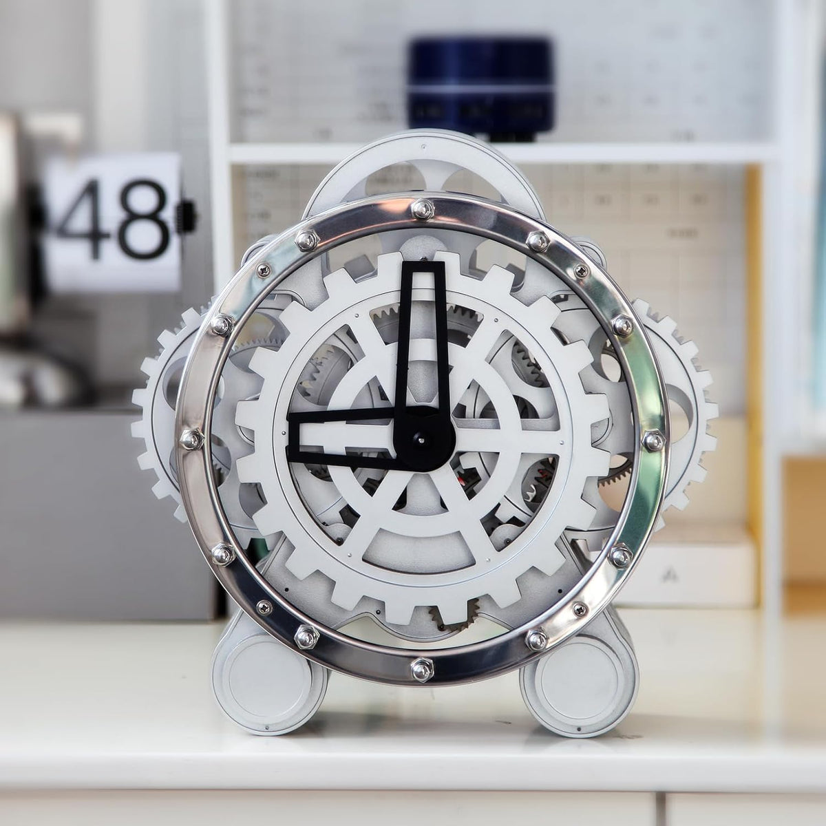 Modern Industrial Gear Desk Clock, 10.6-Inch Silver Metal, Decorative Mechanical Design with Moving Gears, for Living Room and Office Decor (Silver Gear Rotating Clock)