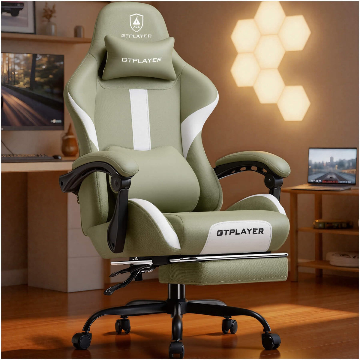 GTPLAYER Gaming Chair with Foot Rest & Pocket Spring Cushion, Ergonomic High Back Computer Desk Chair with Headrest & Lumbar Support for Back Pain Relief, Breathable Fabric, Mist-Blue