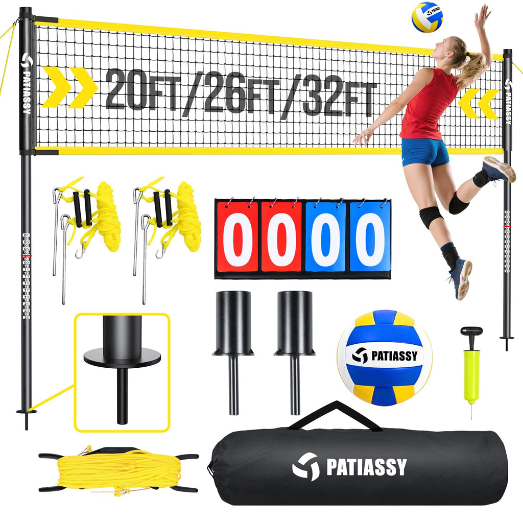 Portable Volleyball Net Set for Backyard, Adjustable Width (32/26/20FT) & Height, Anti-Sag Tension Design for Outdoor Stability, PU Volleyball with Pump, Carry Bag