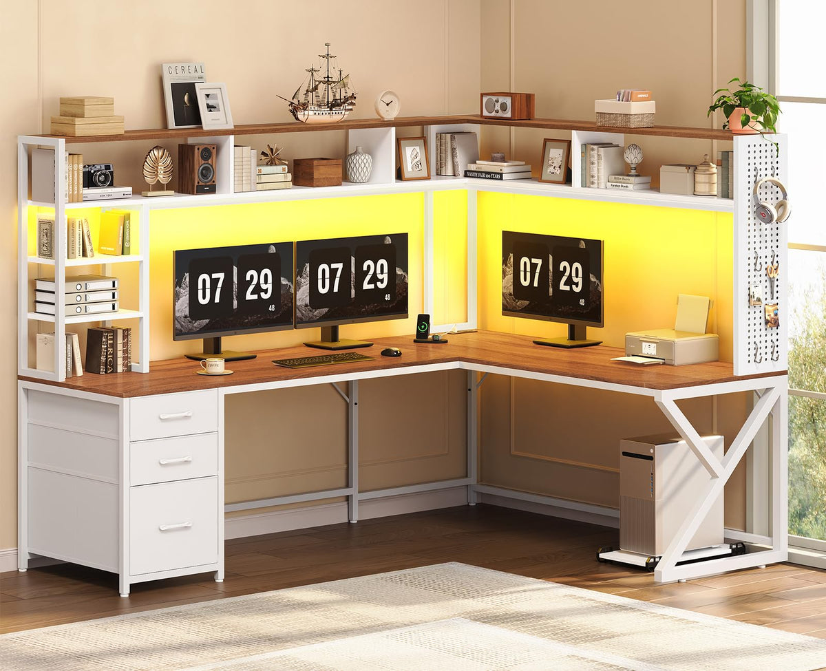 SEDETA L Shaped Gaming Desk with Storage Shelves, Hutch, Drawers