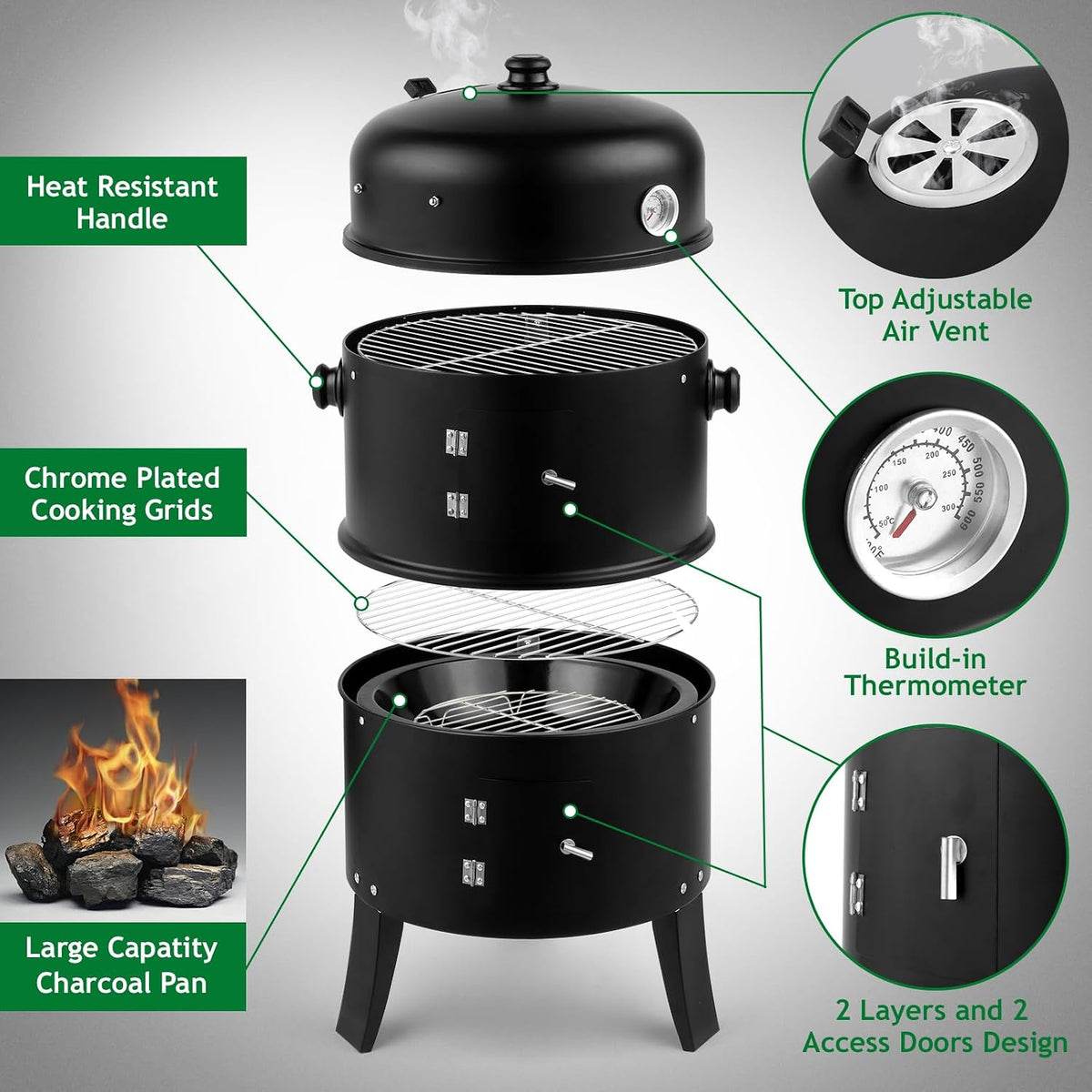 Vertical Charcoal BBQ Smoker, 3-in-1 16" Round Barbecue Grill