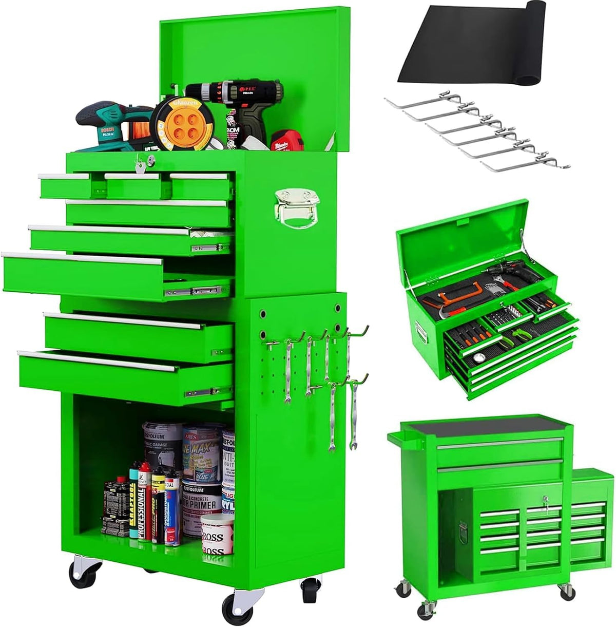 5-Drawer Rolling Tool Box with Lockable Wheels, Tool Chest with Detachable Tool Box, 4 Hooks, and Liner, Heavy-Duty Metal Tool Cart for Garage and Workshop Storage, Black