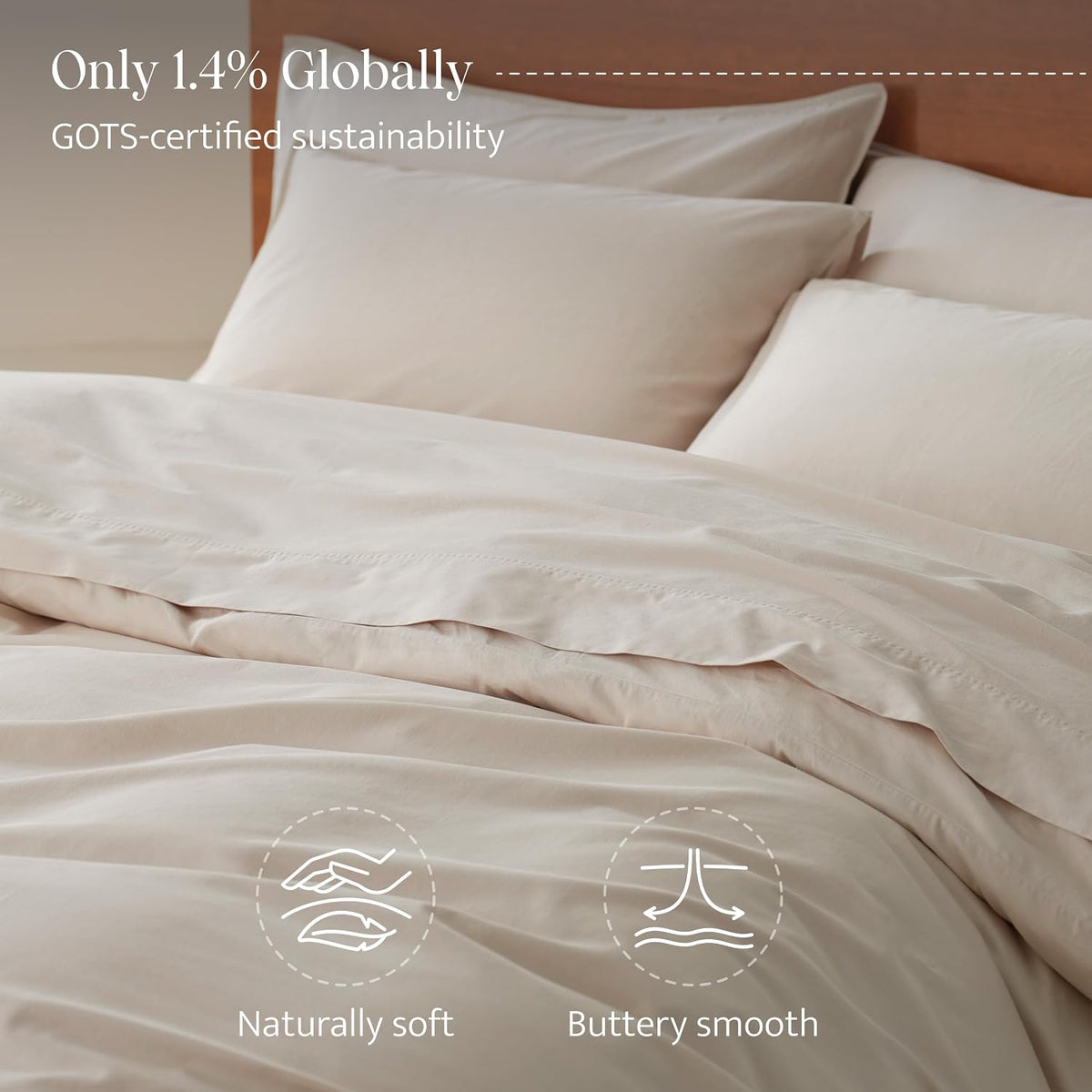 Double Stitch GOTS Organic Cotton King Duvet Cover, Washed 300TC, Greige