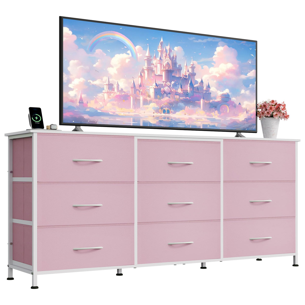 WLIVE Dresser TV Stand for 55 Inch TV, 9 Drawer Dresser for Bedroom, Black
