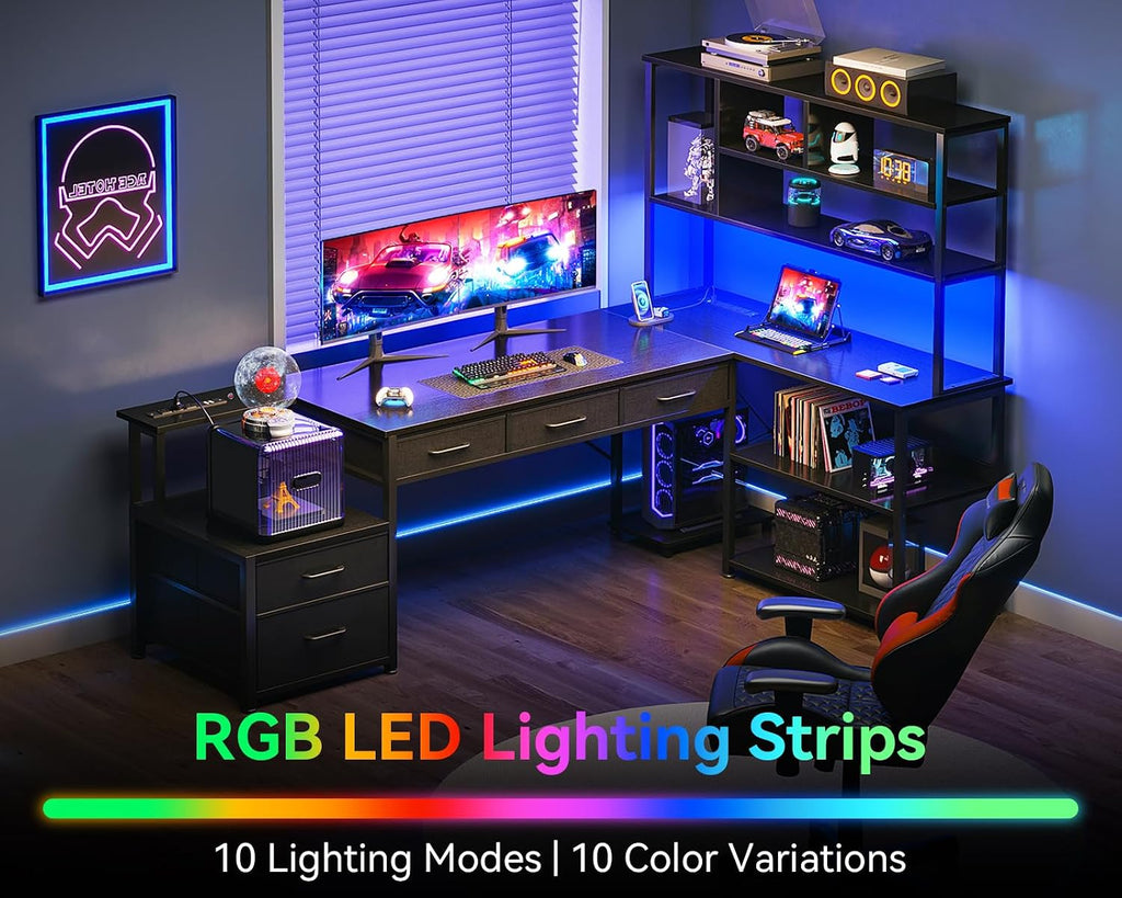 AODK 79 inch L Shaped Desk with 5 Drawers, LED Light & 2 Power Outlets