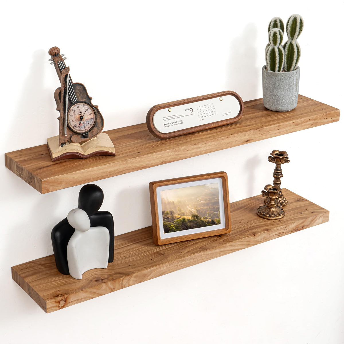Floating Shelves for Wall, Solid Elm Wood Shelves, 24in Set of 2, Natural