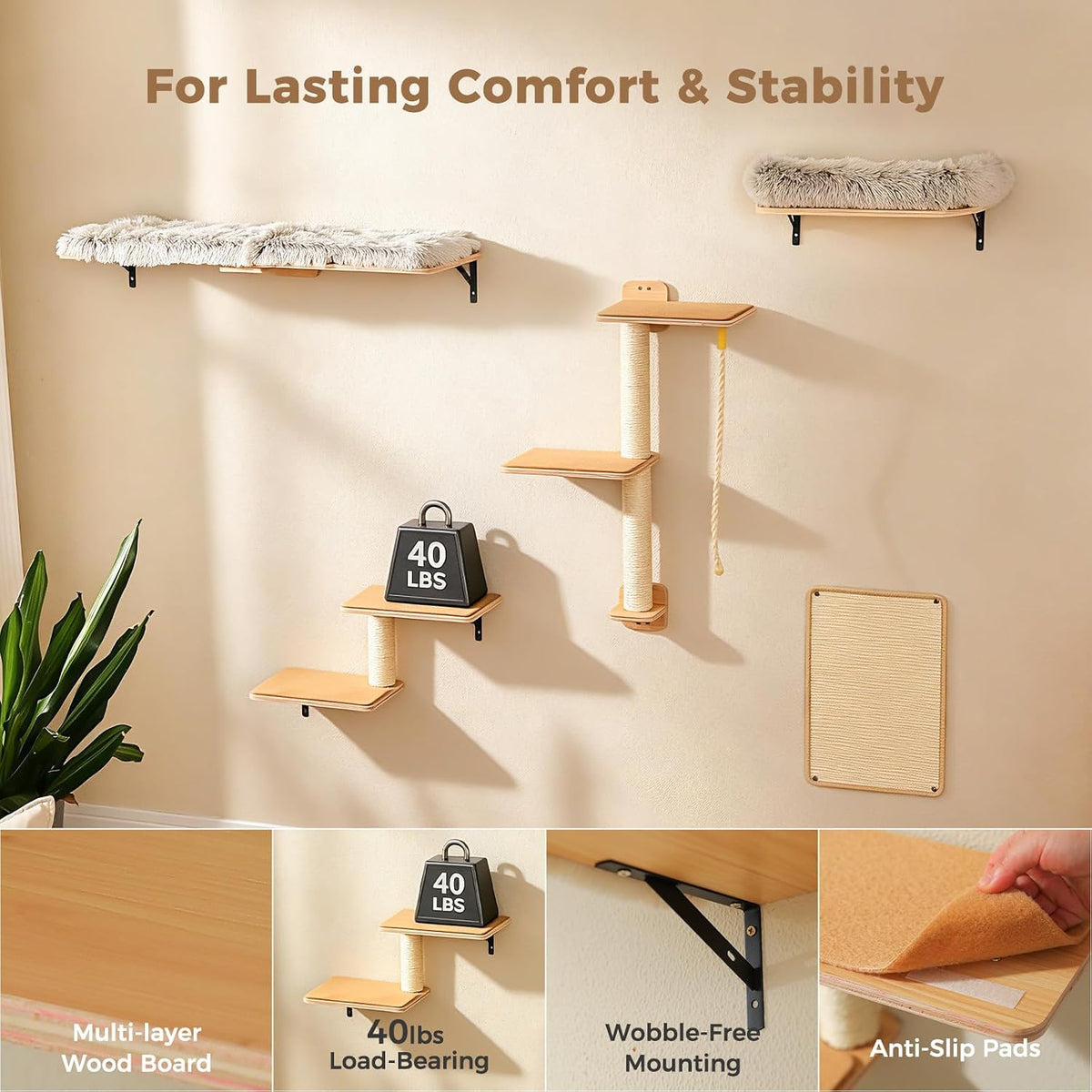 PAWZ Road Cat Wall Shelves, Modern Cat Wall Furniture with Sisal Posts