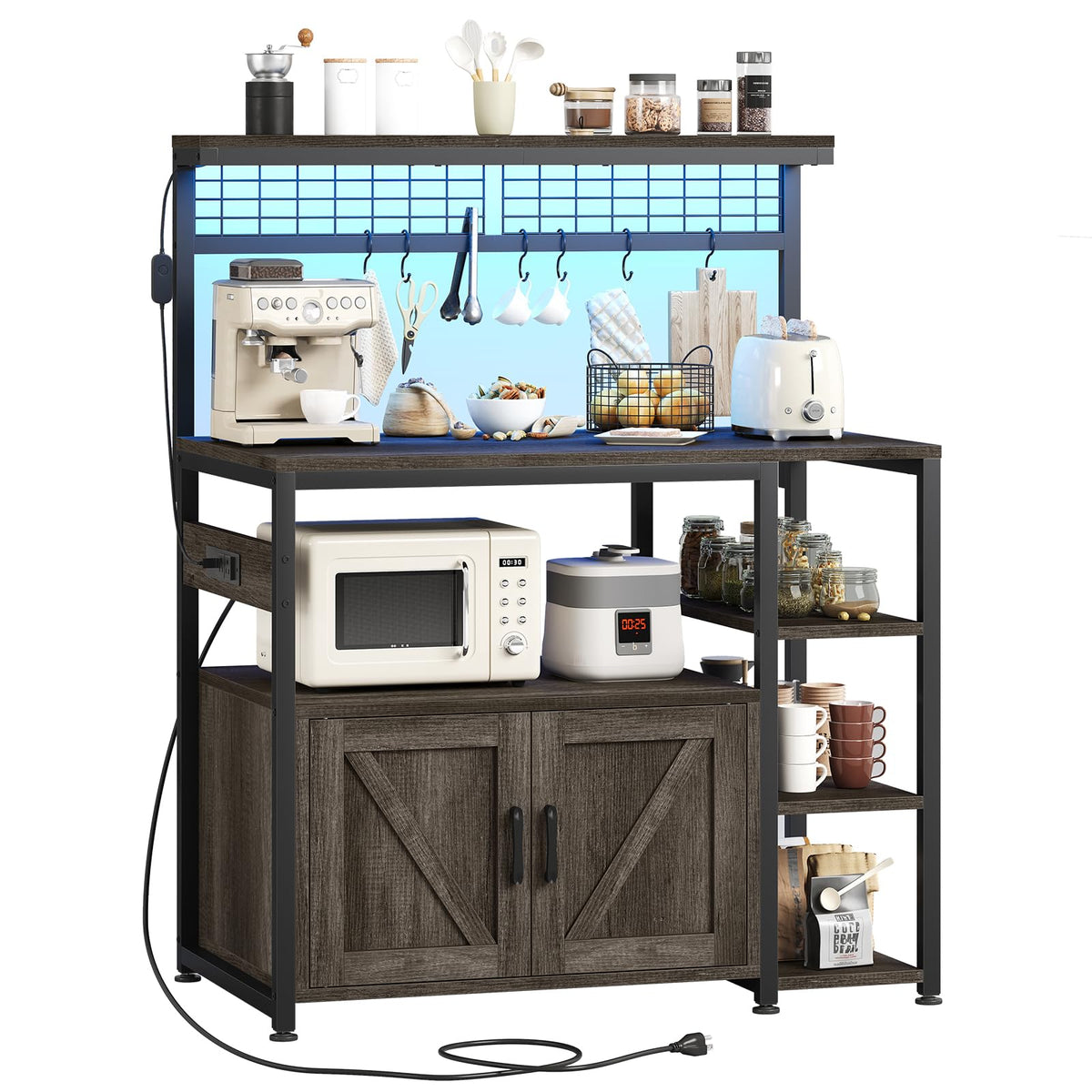 TVU Bakers Rack with Power Outlet and LED Light, Microwave Stand with Storage Cabinet, Coffee Bar Cabinet Station with 6 Hooks for Kitchen, Dining Room, Living Room, Coffee Bar, Rustic Brown, Black