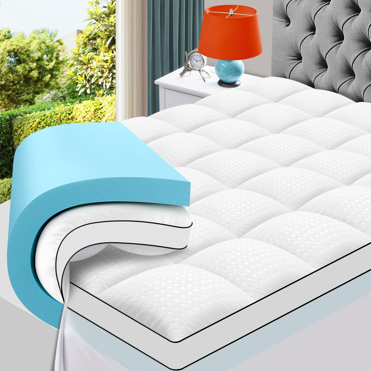 MASVIS 4 Inch Queen Mattress Topper, 2-in-1 Dual Layer Design, 2" Gel Memory Foam and 2" Pillow Top Mattress Pad Cover, Viscose Made from Bamboo, Pressure Relief & Medium Firm Support