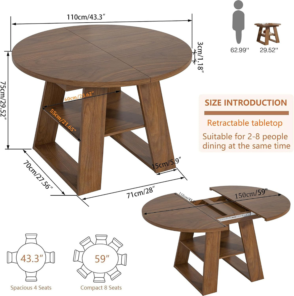 43.3"-59" Extendable Round Oval Dining Table for 4-8 with Storage Shelf