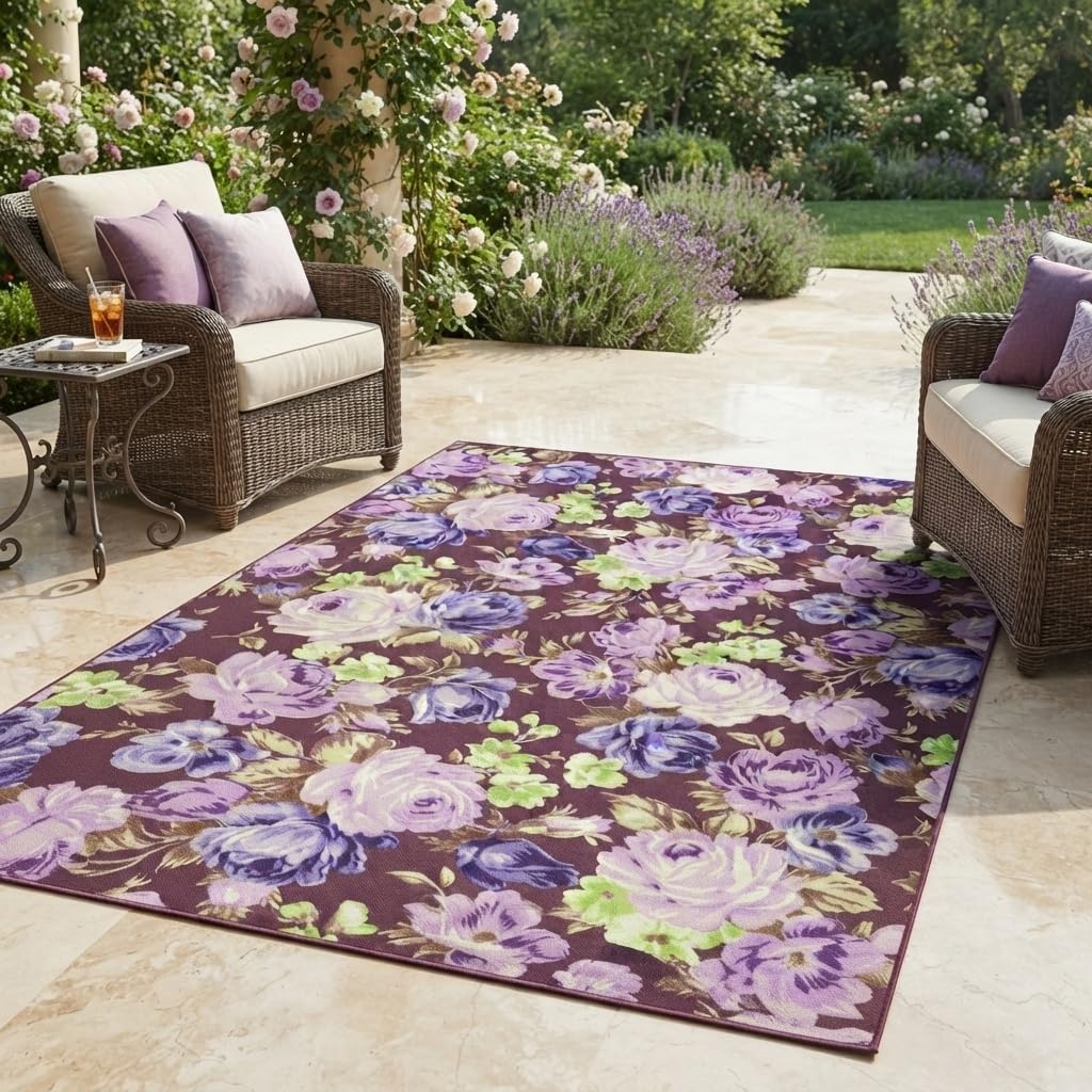 Beautiful Elegant Multicolor Outdoor Rug 7x10 Natural Floral Butterfly Texture Waterproof Thin No Shedding Easy Care Outside Rugs for Patios Deck Pool Garden Balcony Backyard Beach Floor Mat