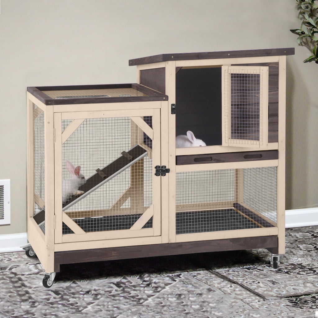 GUTINNEEN 2-Story Rabbit Hutch Indoor Bunny Cage Outdoor Guinea Pig House Wooden Small Animal Cage with Chew-Proof Ramp, Leak-Proof Tray, Lockable Wheels for 2-4 Rabbits, Guinea Pigs (Grey)