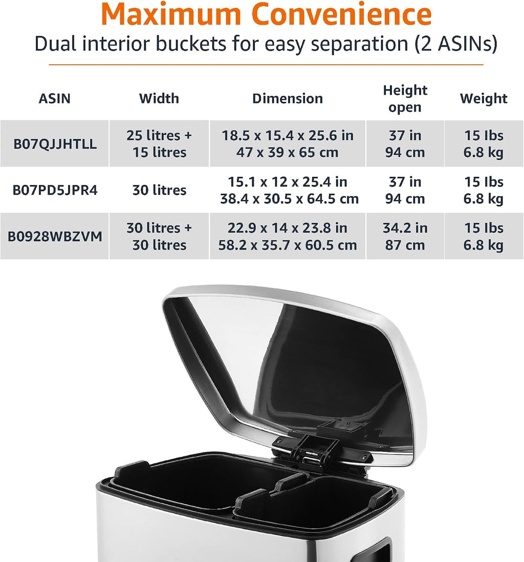 Amazon Basics Dual Compartment Recycling Trash Can with Soft-Close Lid, Fingerprint Resistant, Removable Liner Buckets, 60 Liters, Rectangular, Grey, Silver