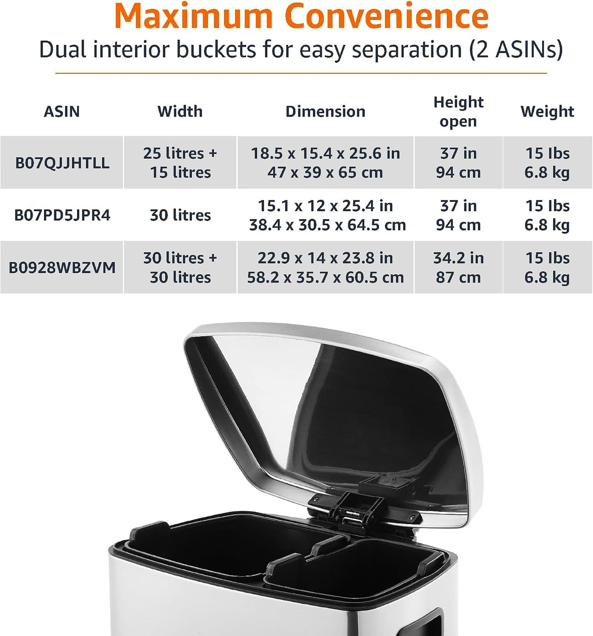 Amazon Basics Dual Compartment Recycling Trash Can with Soft-Close Lid, Fingerprint Resistant, Removable Liner Buckets, 60 Liters, Rectangular, Grey, Silver