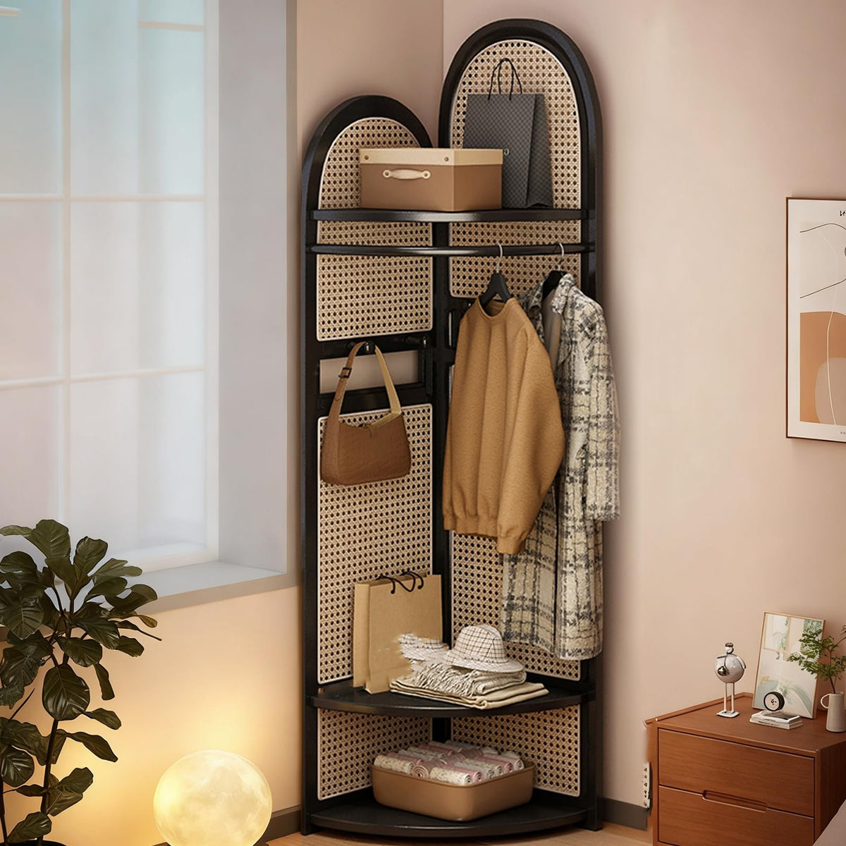 Wooden Corner Clothes Rack, 3-Tier Rattan Corner Hall Tree with Bench and Shoe Storage, Entryway Coat Rack with 4 Hooks, for Entryway or Bedroom(Yellow)