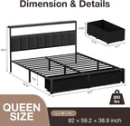 Queen Bed Frame with 2 Storage Drawers, Grey Upholstered
