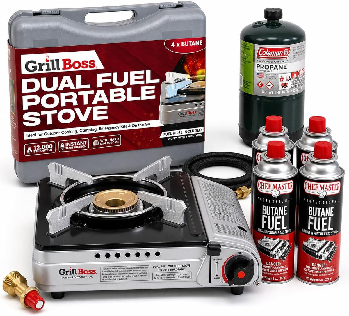 Chef Master Grill Boss Dual Fuel Camping Stove + 4x 8 oz Butane, 12,000 BTU