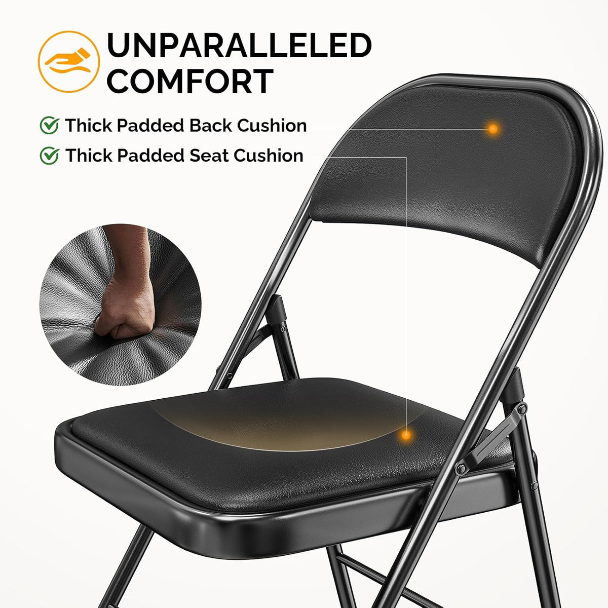Bonnlo Folding Chair with Comfortable Padded Cushion and Back, Portable Folding Chairs for Outside, Office Events, Weddings, Pu Leather, 6 Black