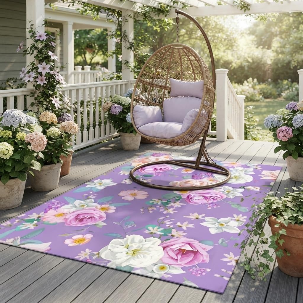 White Pink Beige Gentle Elegant Outdoor Floral Rugs 9x12 Contemporary Aesthetic Texture Thin Non Slip Durable Indoor Outside Carpets for Garden Backyard Balcony Patio Deck Veranda Deck Mats