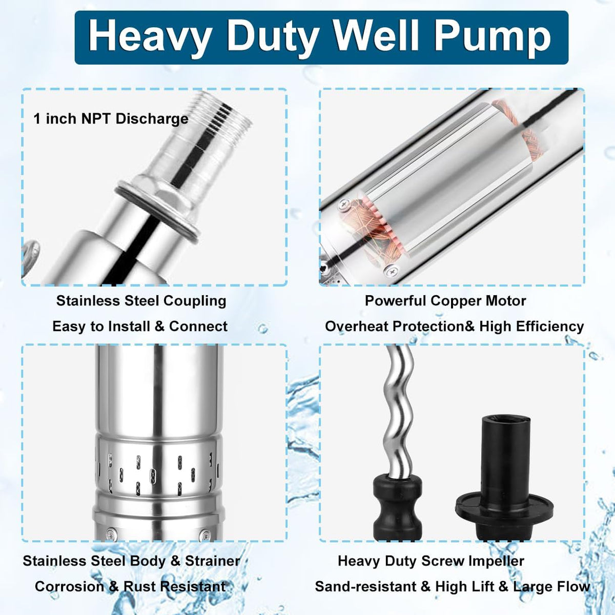 Deep Well Submersible Pump, 220V 1hp Deep Well Pump Submersible Water Pump for Industrial Irrigation and Home,328FT Lift, 12GPM, Screw Water Pump