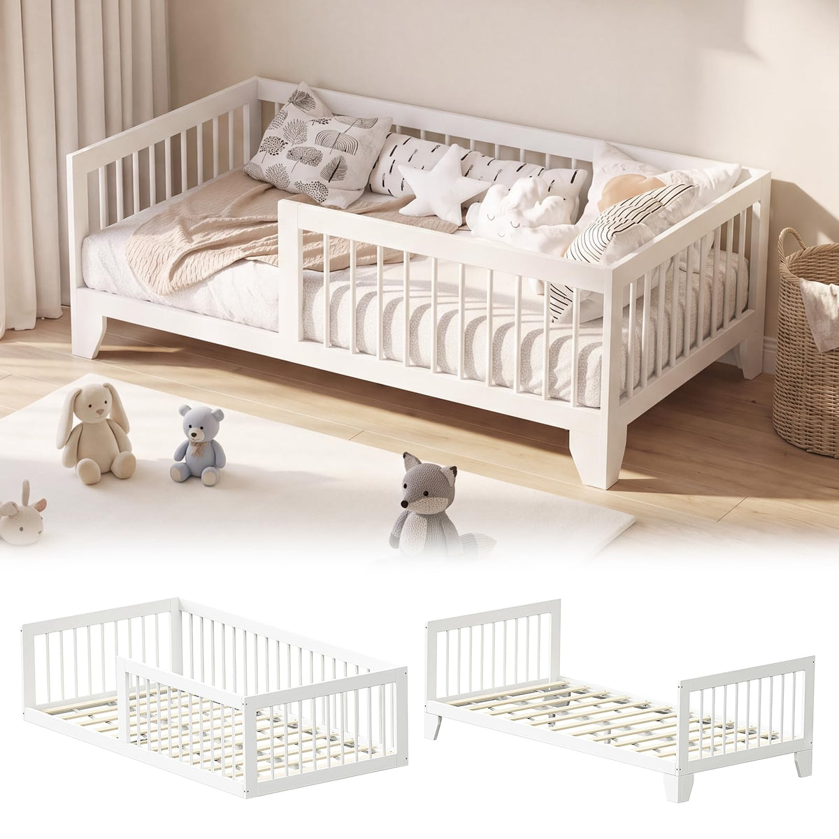 EXPERLAM Full Montessori Floor Bed for Kids, Removable Rails, White