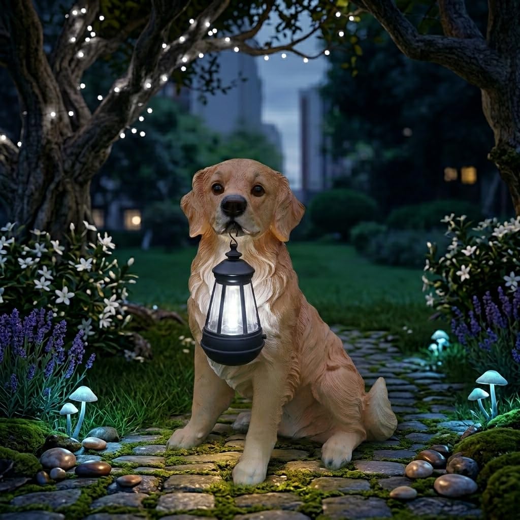 Lifelike Black and White Cocker Spaniel Garden Statue with Solar Lantern and Decorative Tag, Resin Puppy Figurine Outdoor Decor, Yard Art for Patio Lawn Porch