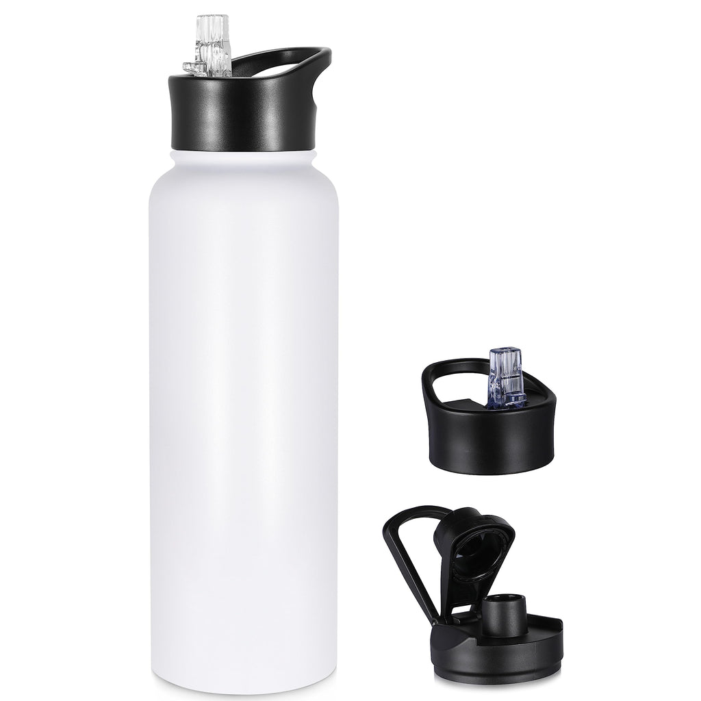 32 oz Insulated Water Bottle Bulk 8 Pack, Stainless Steel Sports Water Bottles with Straw Lid & Wide Mouth Lids, Double Walled Vacuum, Leak Proof, White