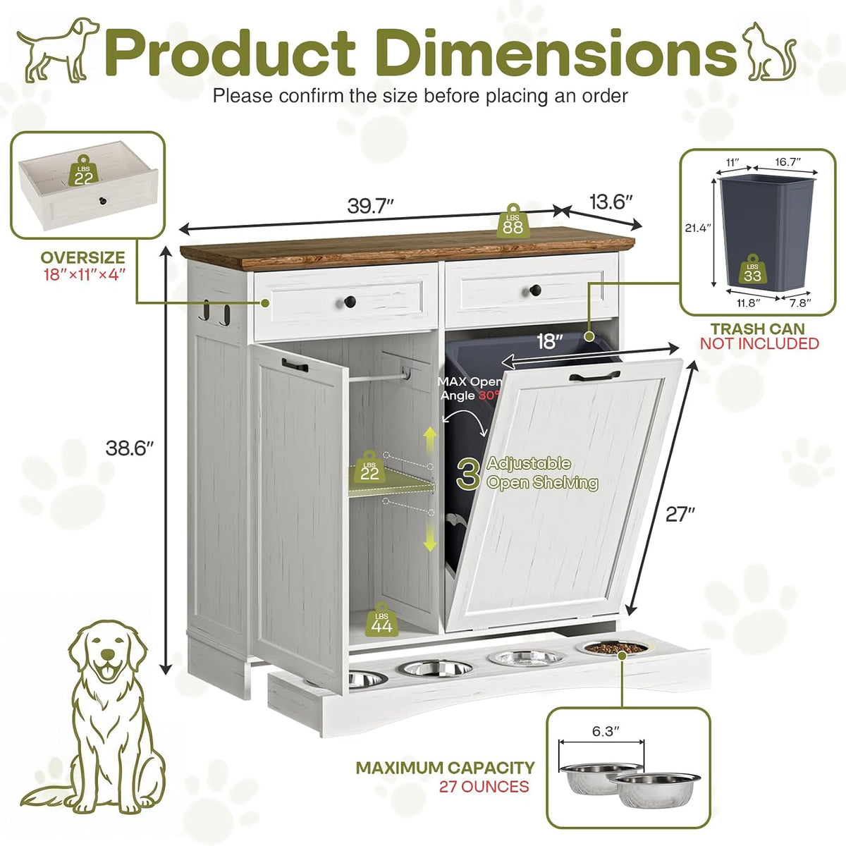 Furnaza Pet Feeding Station with 4 Bowls,Dual Doors dog cabinet storage