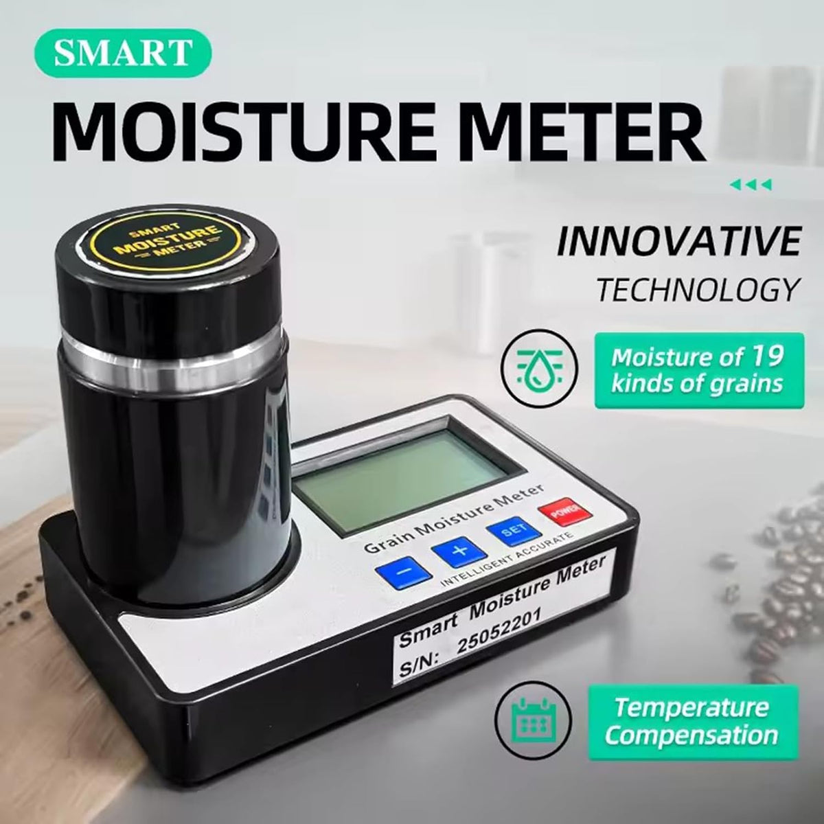 Portable Grain Moisture Tester, Grain Moisture Meter for 19 Grains Including Wheat, Corn, Coffe with Temperature Compensation, 8~30% Measuring Range