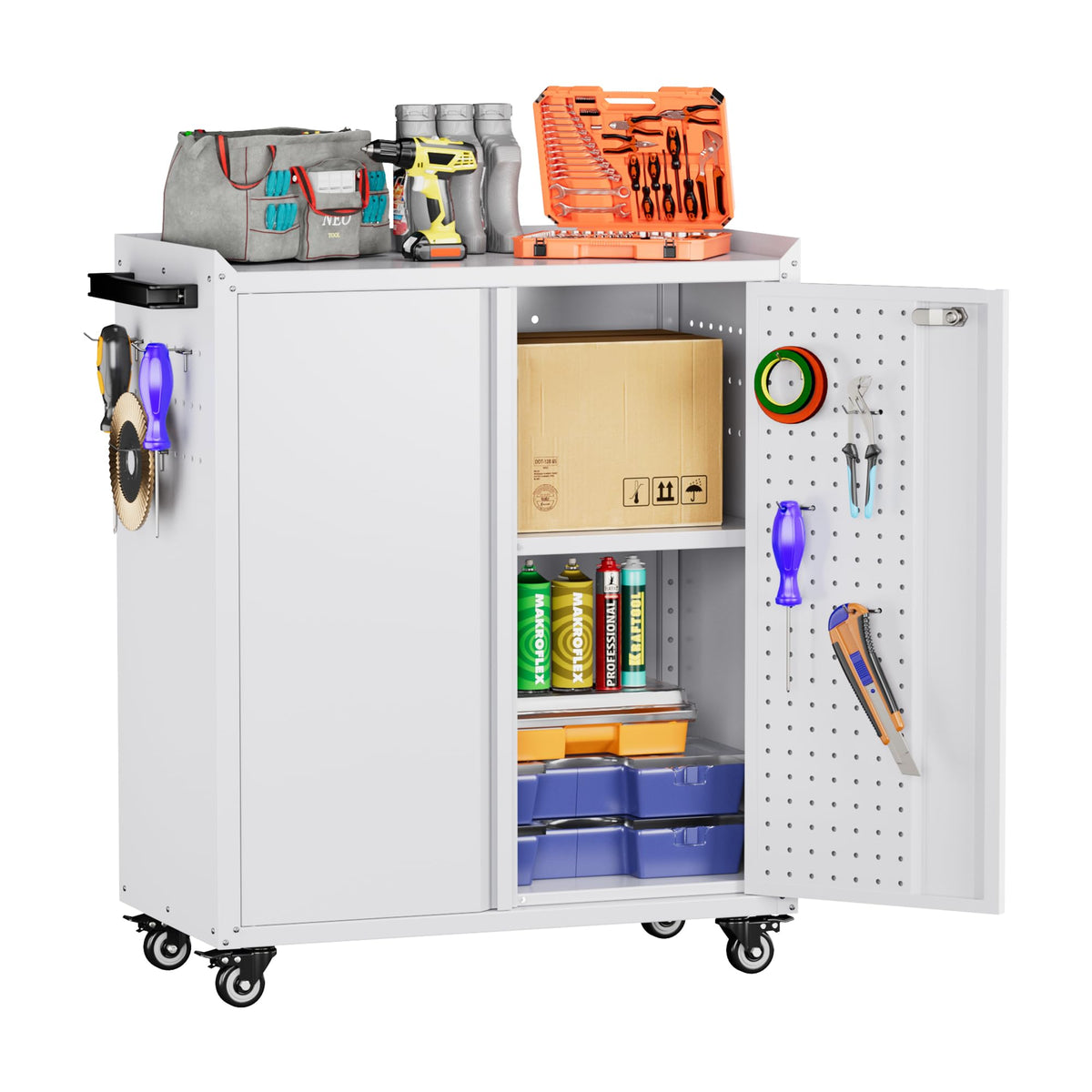 Aobabo 71" Metal Storage Cabinet with Wheels, 5 Shelves & Pegboards, Black