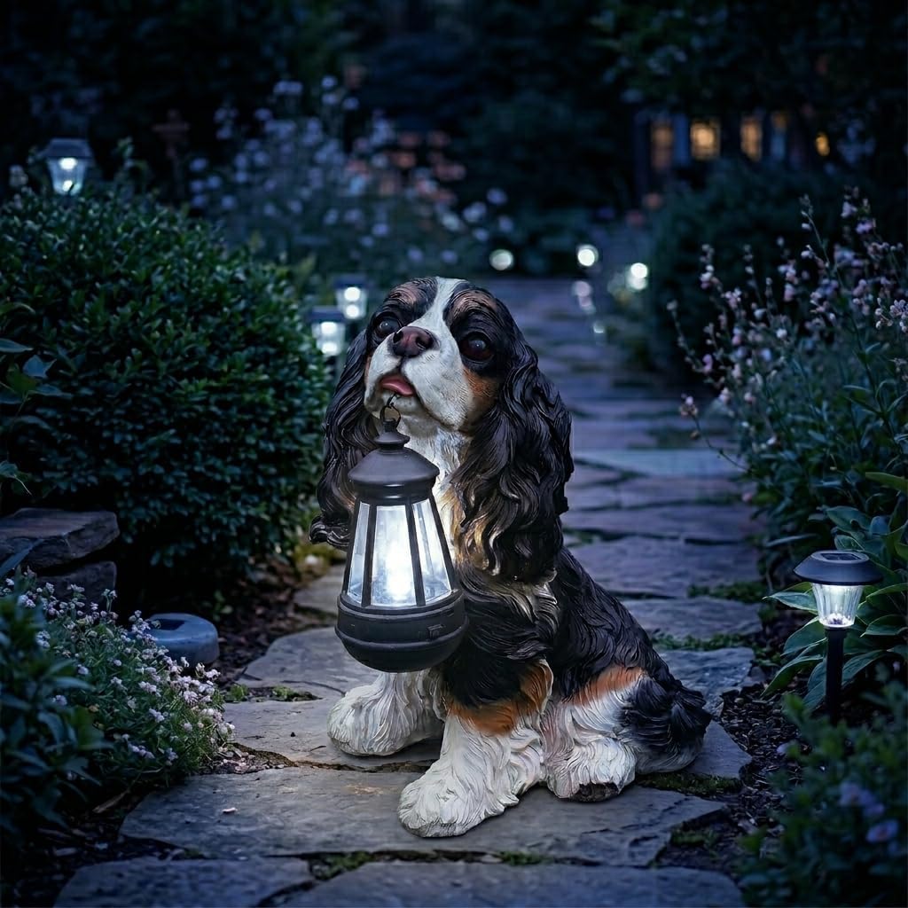Lifelike Black and White Cocker Spaniel Garden Statue with Solar Lantern and Decorative Tag, Resin Puppy Figurine Outdoor Decor, Yard Art for Patio Lawn Porch